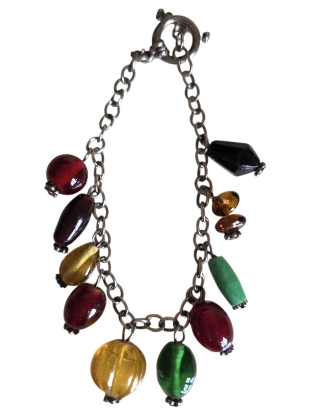 vintage bead charm bracelet toggle clasp colorful jewel tones 80s 90s